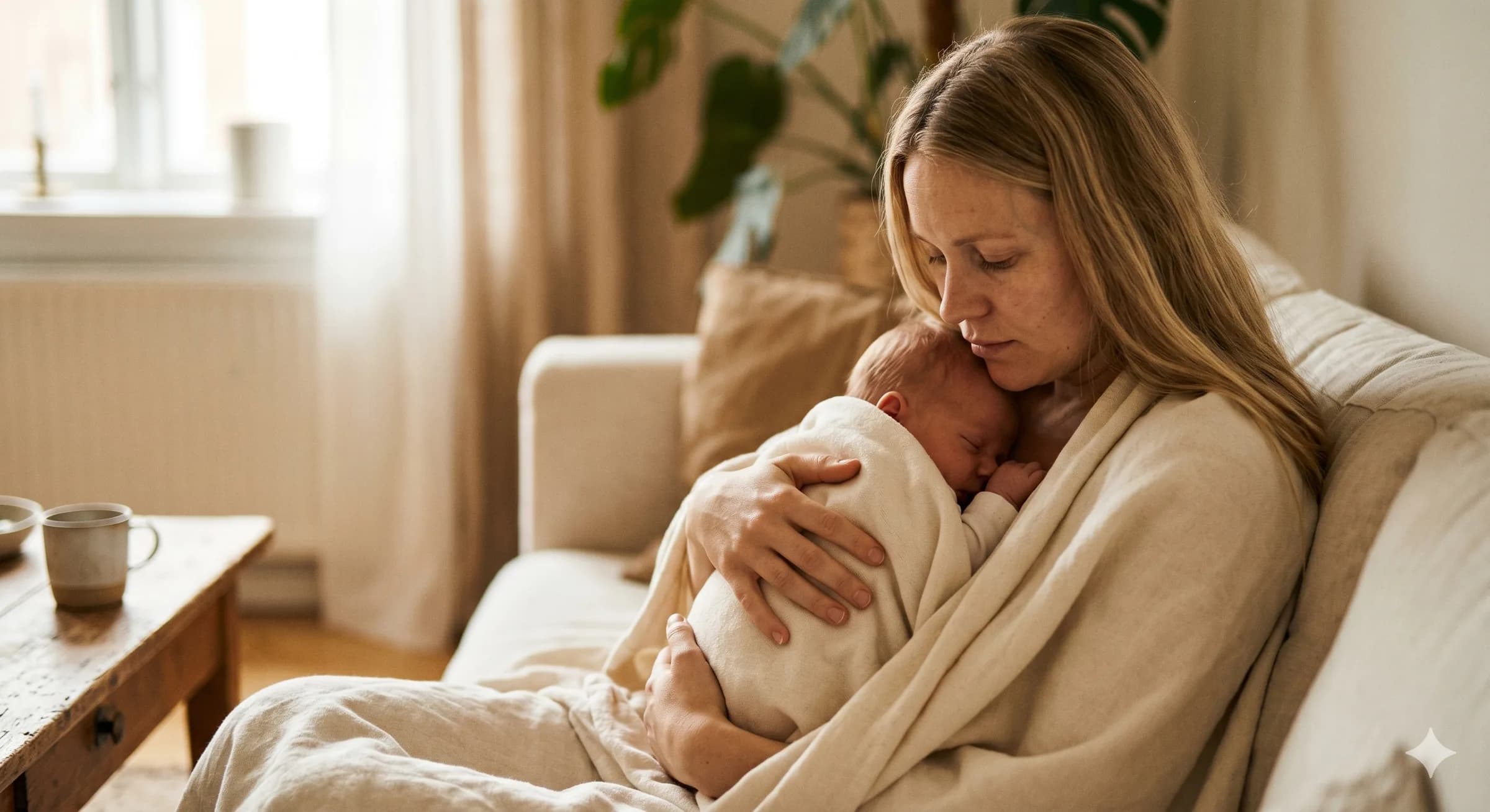 En mamma som håller sitt nyfödda barn tätt intill sig