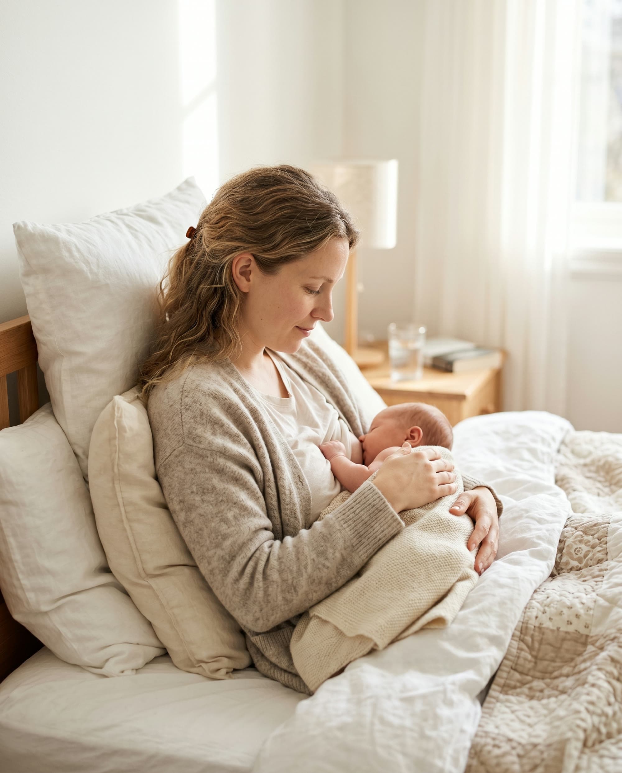 Mamma som ammar sitt nyfödda barn i sängen