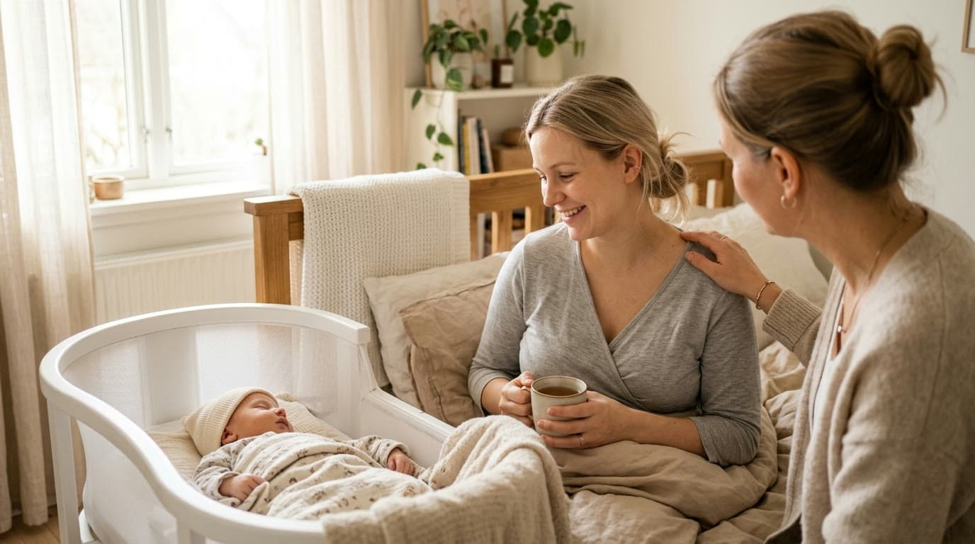 Nybliven mamma som får stöd vid sängen