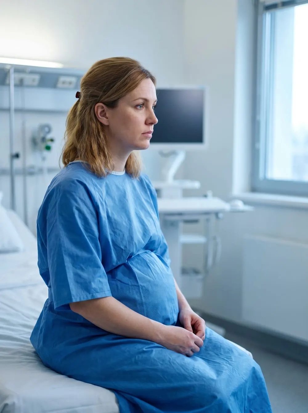 Gravid kvinna i sjukhusskjorta som sitter ensam och väntar på en brits