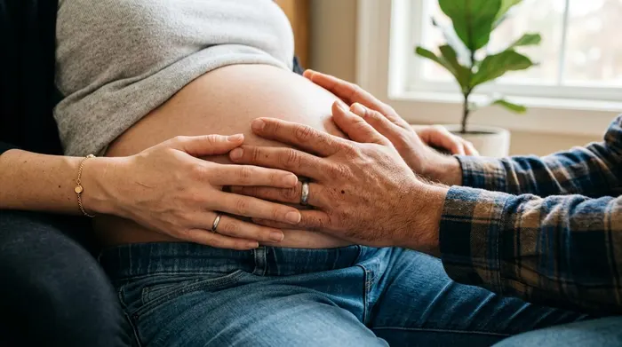 Två par händer på en gravid mage