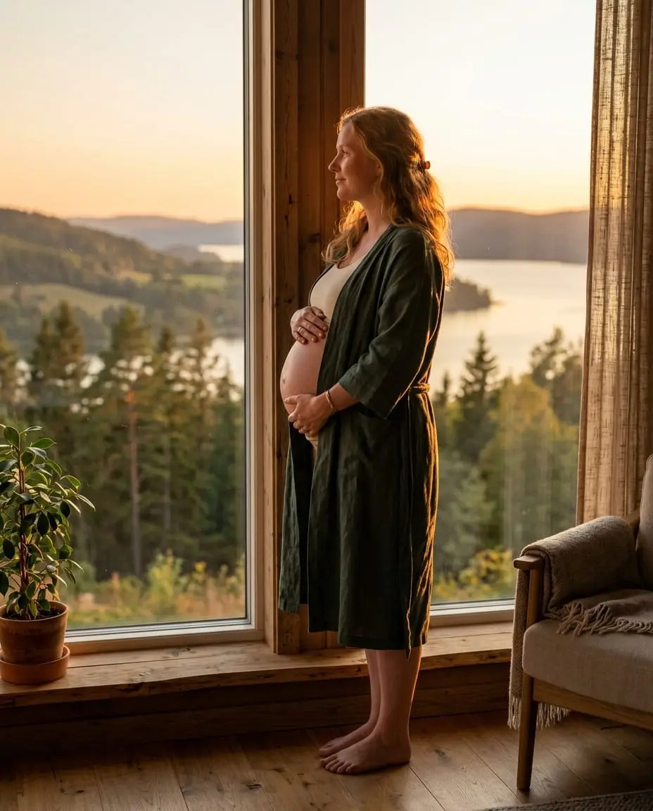 Gravid kvinna vid ett fönster i kvällsljus över skog och sjö