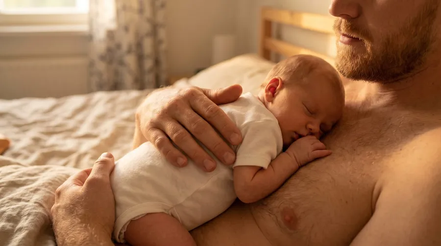 Nyfödd sover på pappans bröst