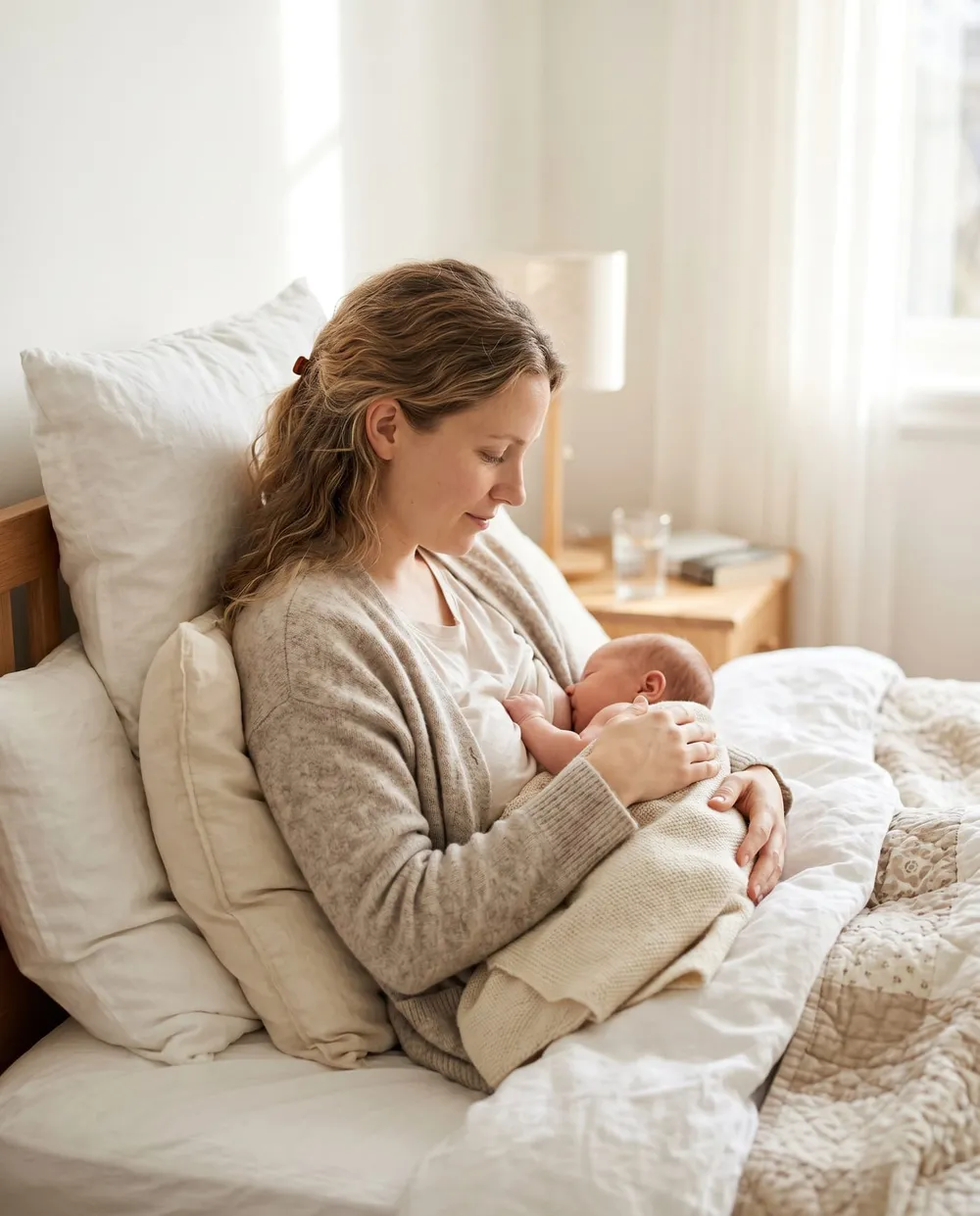 Mamma ammar sitt nyfödda barn i morgonljus