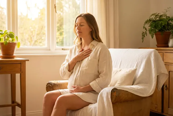 Gravid kvinna som samlar sig med slutna ögon i varmt fönsterljus